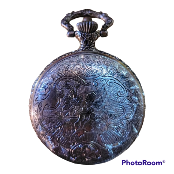 Vintage Geneva Railroad Train Engraved Filigree Pocket Watch Silver Ornate - Picture 2 of 4